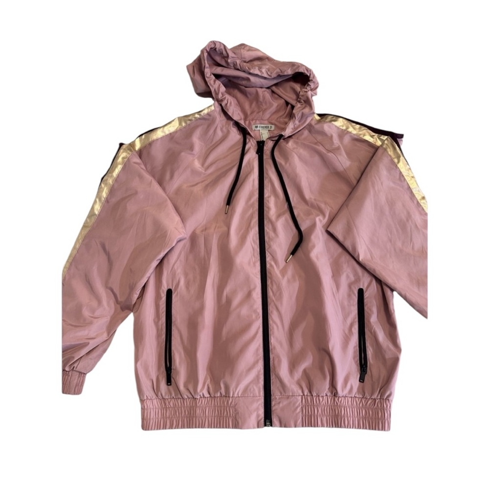 Forever 21 Womens Jacket Pink M Gold Striped Hoodie Full Zip Casual